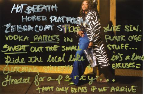 Zine Issue - Gabrielle - desktop - woman walking in the street with a Belvedere bottle and handwriting text all over the picture